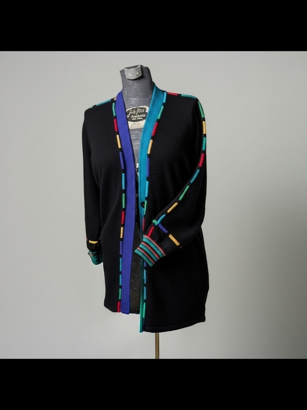Vintage 80s Antonella Preve Black Sweater Cardigan with Multicolor Trim Size M
